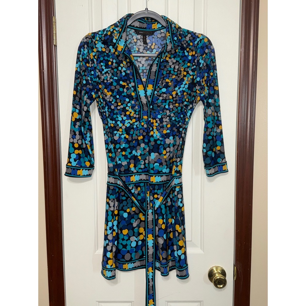 BCBGMAXAZRIA XS Dress Blue Yellow Gray Polka Dot 3/4 Sleeve‎ Belted Mini
